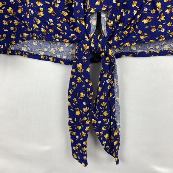 Blue Floral Print Half Sleeve Top Rayon Blouse Women Size L - Picture 10 of 10